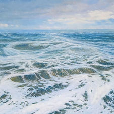 Coastal landscape original oil painting showing aqua and white foamy beach waves and ocean views at Gold Coast.