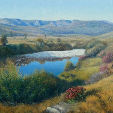 Original oil painting of peaceful Cradle Mountain area with strong blues in lake with reflections, Tasmania.