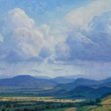 Peaceful landscape of Tweed Valley panoramic view with big sky of clouds and approaching rain. Original painting. Near Gold Coast