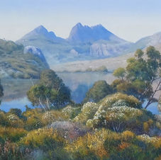 Coastal beach scape, with white sand and native grasses and play of light and shadow in the original oil painting of Main Beach,
Gold Coast Australia.