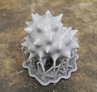 A 3D-printed model of an oxeye daisy pollen grain. The pollen grain is roughly spherical and spiky. The model is grey, with small scaffolding rods holding it up from the base..