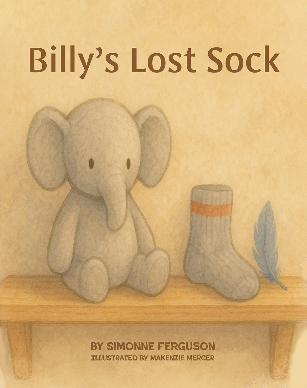 Book cover titled Billy’s Lost Sock with a gray elephant beside a striped sock and blue feather on a wooden shelf.