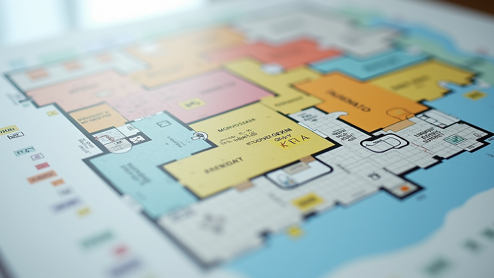 Close-up view of a modern and colorful floor plan with room labels
