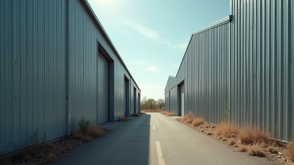 Eye-level view of industrial building with corrugated metal roofing