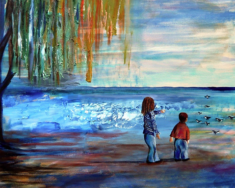 Catherine Marshall's painting "Look," depicting two small children pointing at seagulls flying over crashing waves.