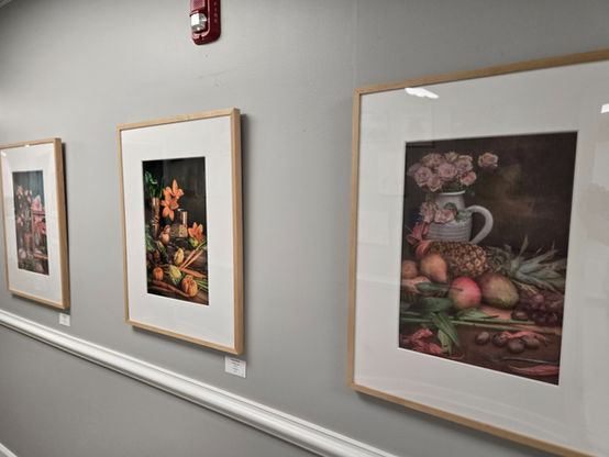 Many framed still-life photographs lining the gray walls of Orange Family Medical Group.