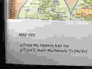 Map Key identifies red pins as pins my parents paid for and grey pins for trips I want my parents to pay for