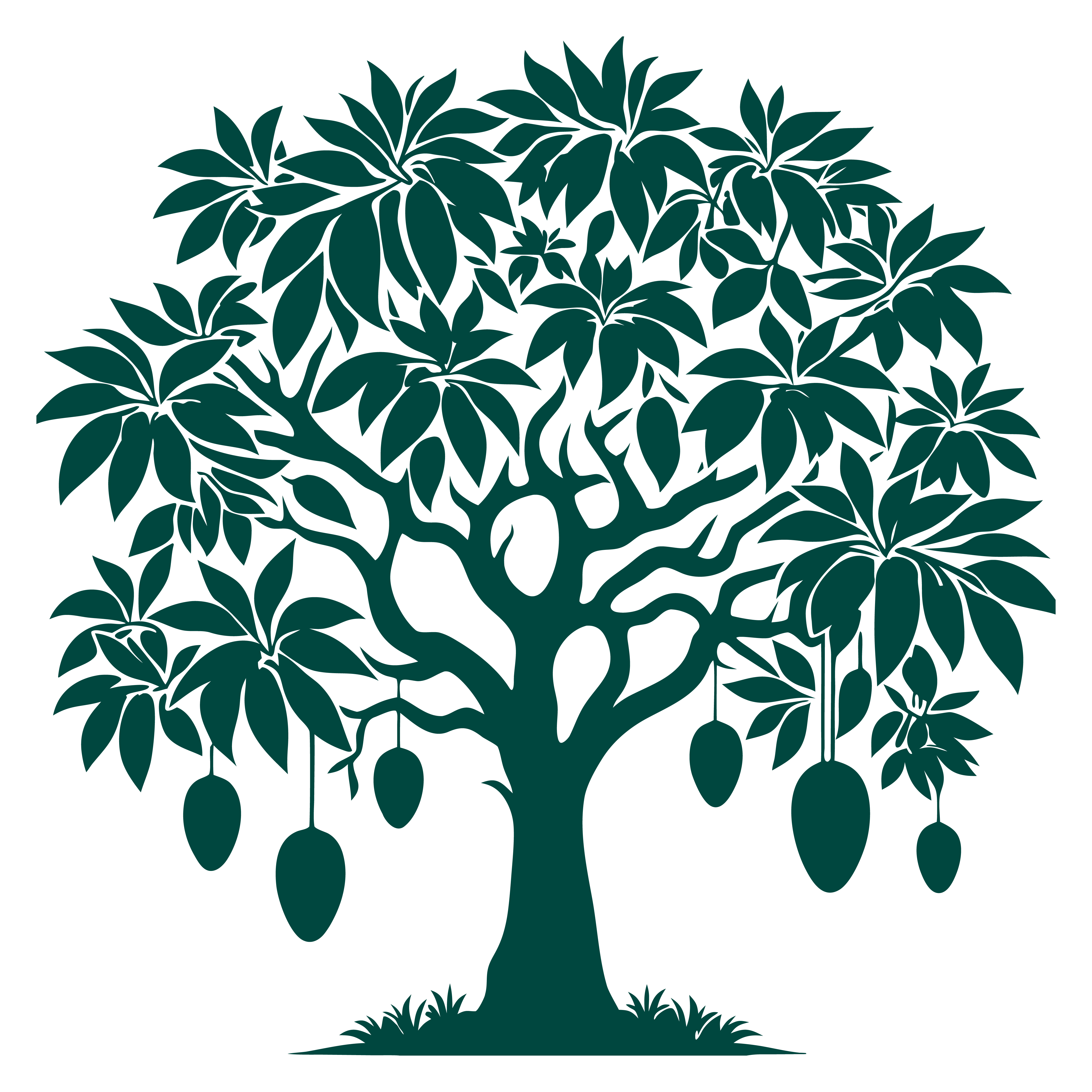 Teal mango tree silhouette with hanging fruit