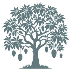 Stylized silhouette of a leafy mango tree with fruit