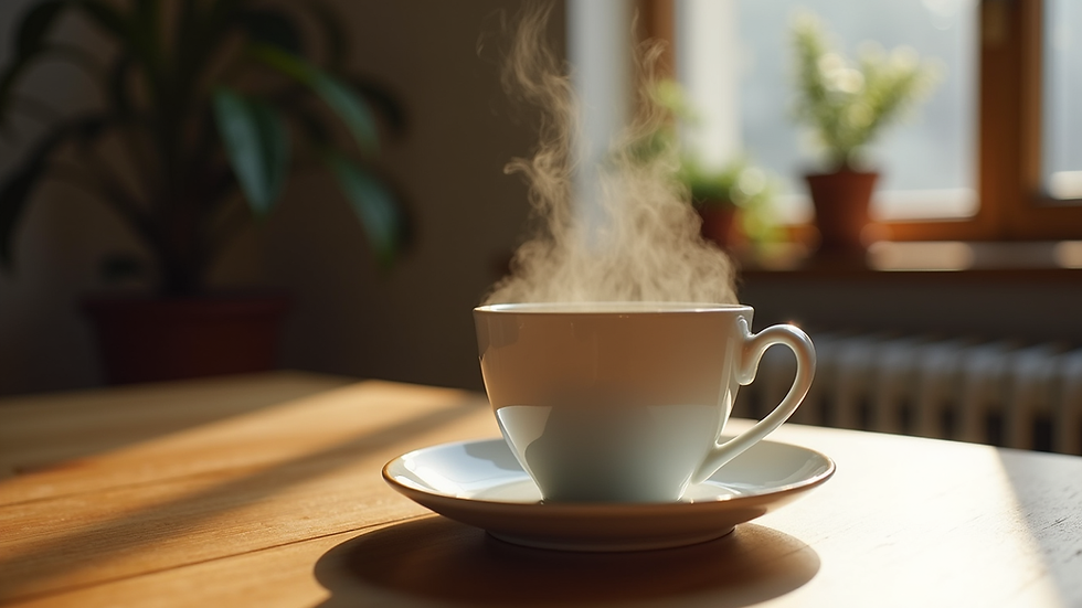Close-up view of a steaming cup of tea on a wooden table