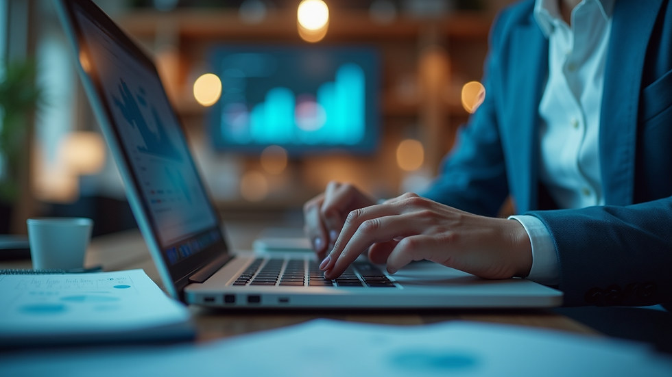 Eye-level view of a market research analyst reviewing data on a laptop
