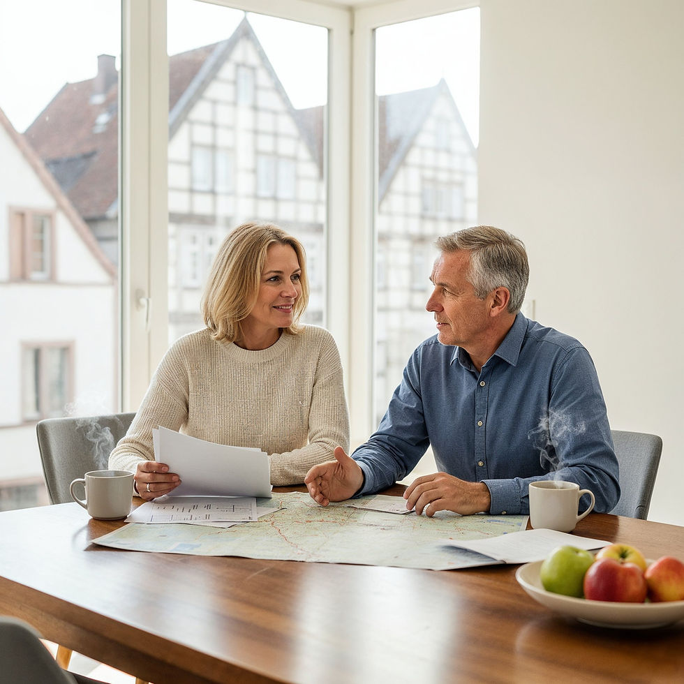 Erben besprechen in einem hellen Haus in Münster die geerbte Immobilie und planen den Verkauf – realistische Szene zum Thema Immobilienerbschaft und Hausbewertung Münster.