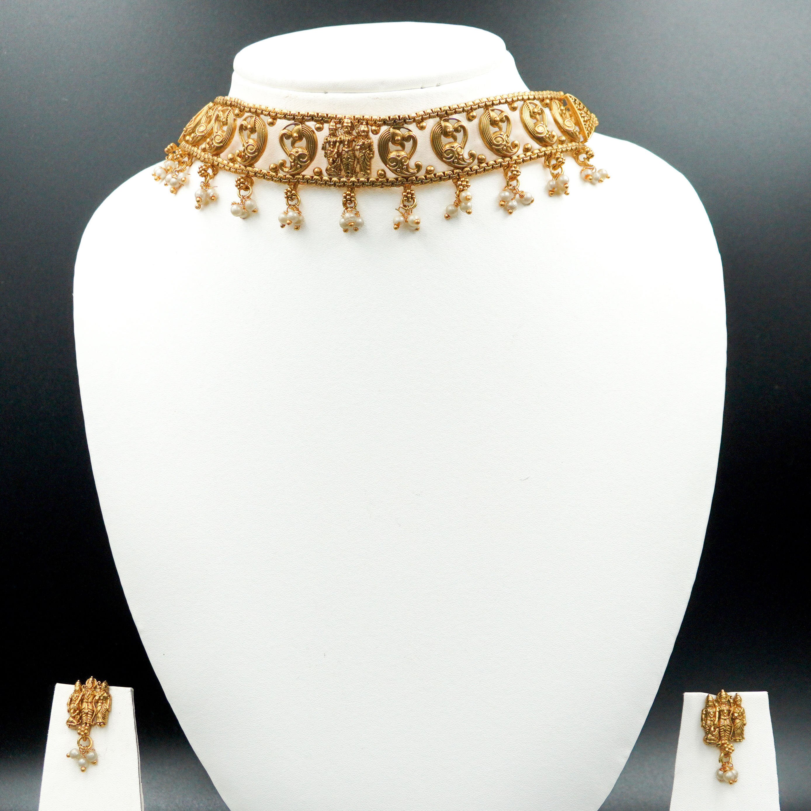 ViGuora Ram Lakshman Seetha choker necklace set antique gold temple jewelry front view traditional design