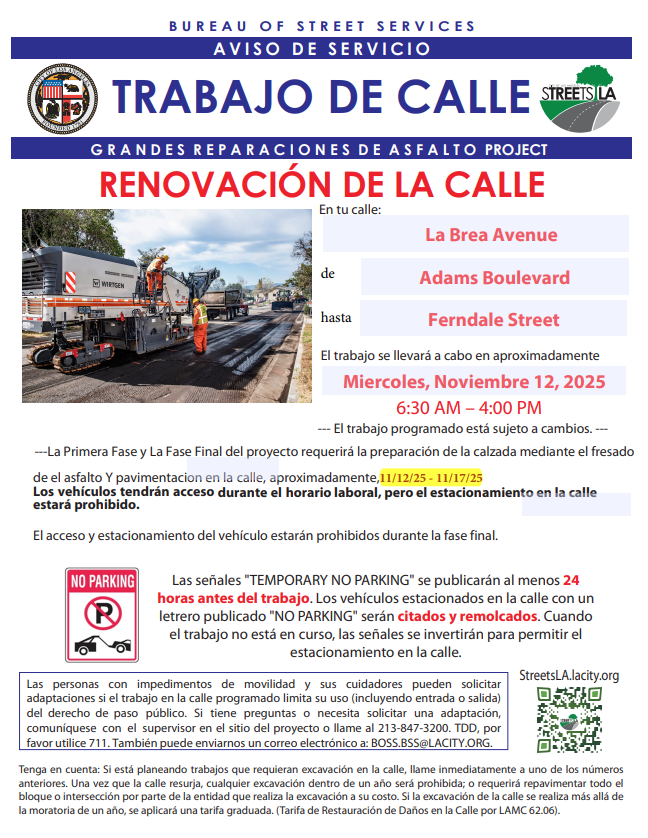 12 de noviembre: Obras de renovación de la calle en La Brea Ave. desde Adams Blvd. hasta Ferndale St.
