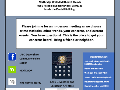 August 26: LAPD Devonshire Basic Car Meeting 17A67 6:00 pm Northridge United Methodist Church 9650 Reseda Blvd., Northridge 91325
