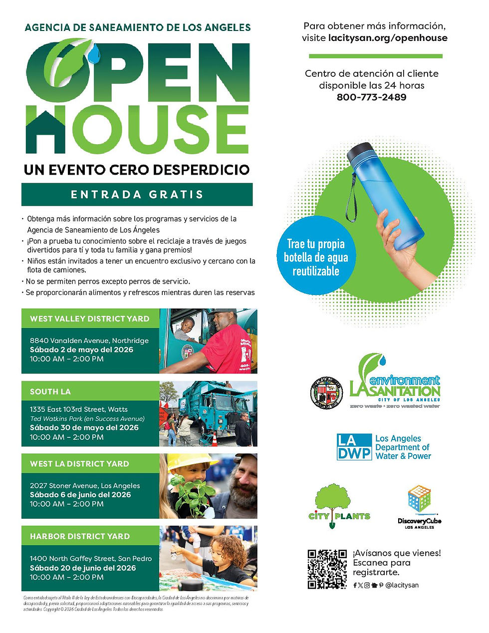 Folleto para el sábado 20 de junio: Jornada de puertas abiertas gratuita en el patio del Distrito del Puerto y evento de «Residuos Cero», de 10:00 a. m. a 2:00 p. m., en 1400 North Gaffey Street, San Pedro, 90731.