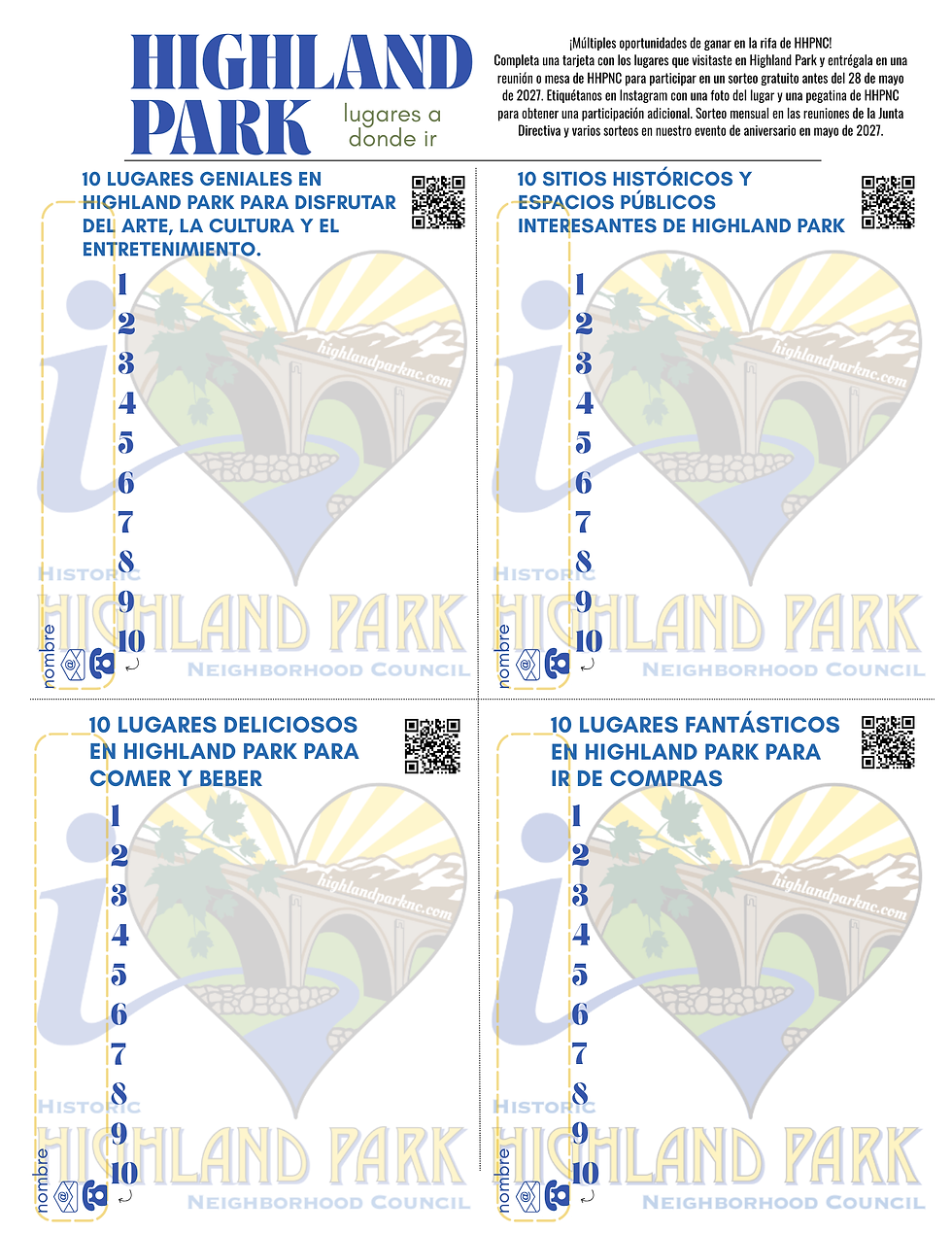 Tarjeta de rifa del Consejo Vecinal de Highland Park