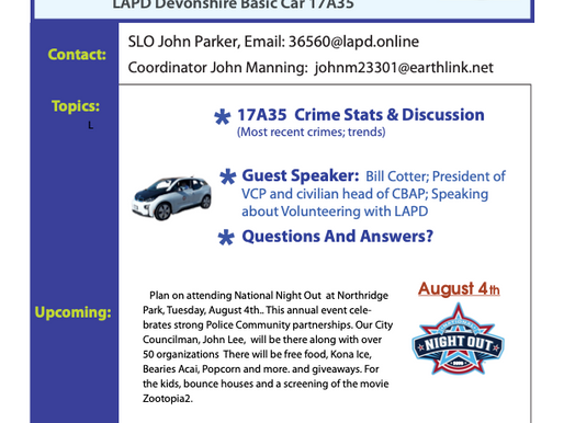 July 14th: LAPD Devonshire Basic Car 17A35 Neighborhood Watch Meeting