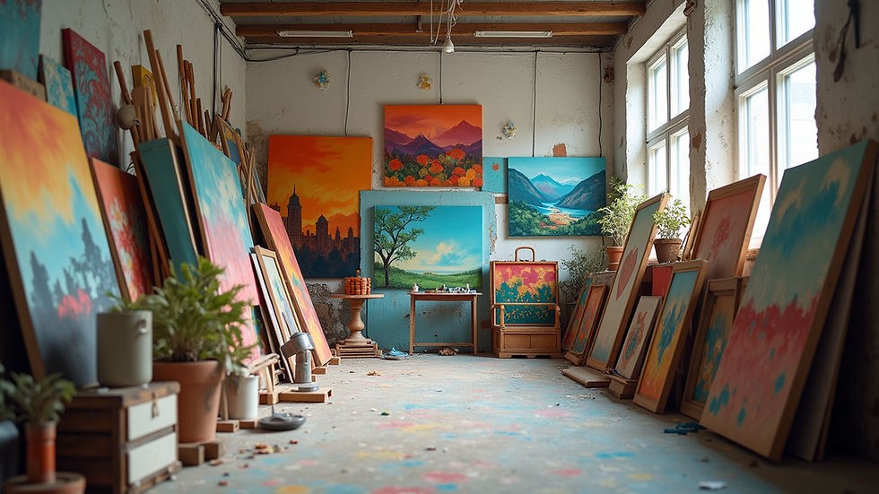 Eye-level view of a vibrant art studio filled with colorful paintings