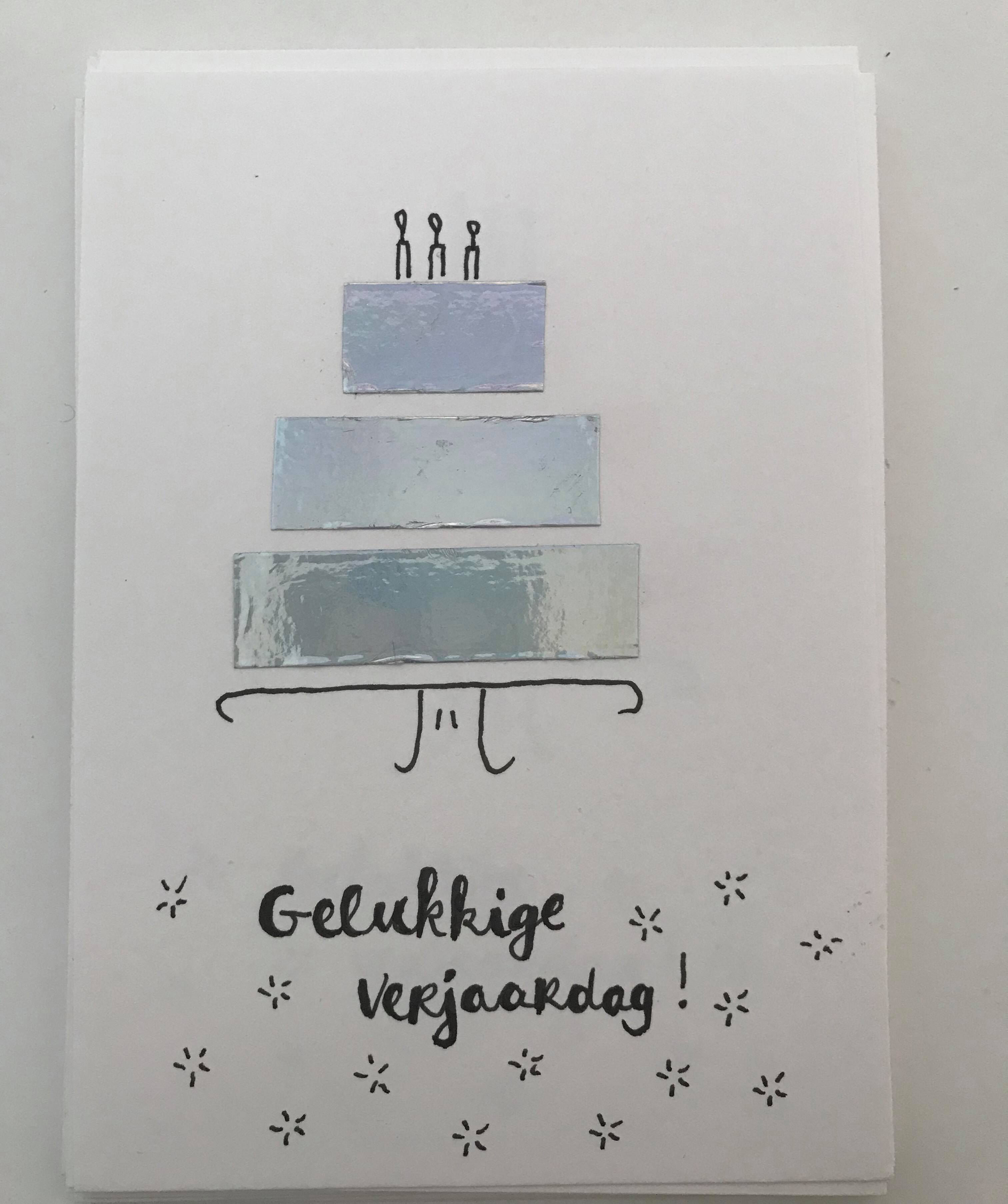 WENSKAART - gelukkige verjaardag taart zilver glans