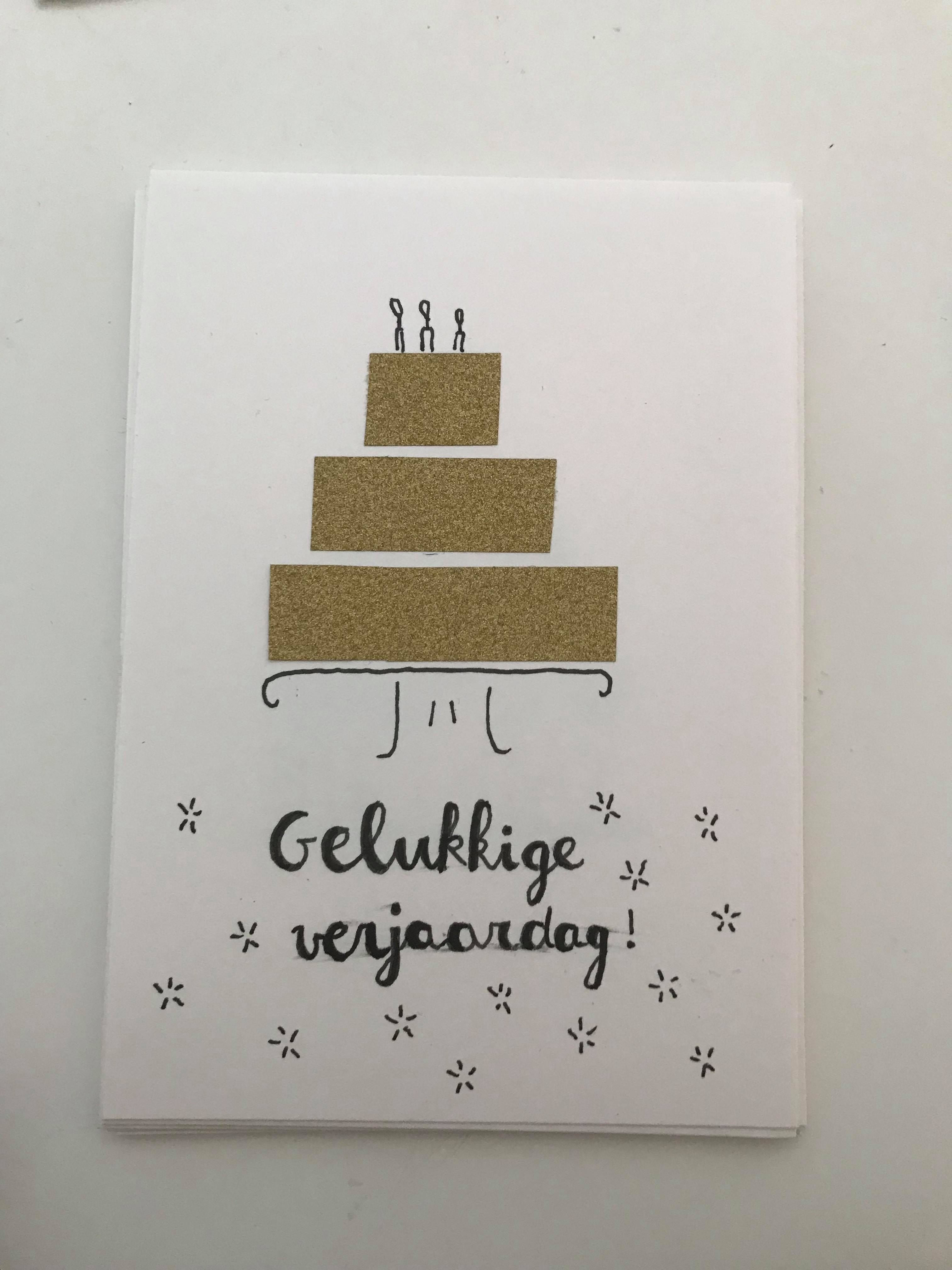 WENSKAART - gelukkige verjaardag taart goud glitter