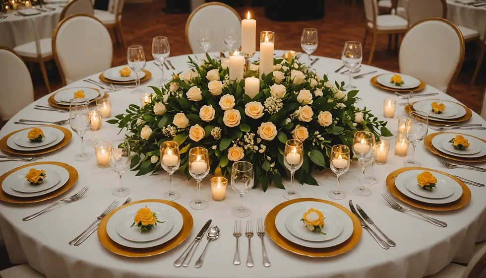 Elegant table setting for a wedding reception, featuring a centerpiece of lush yellow and white roses surrounded by glowing candles, creating a warm and inviting atmosphere.