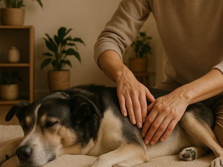 Eine ruhige, gemütliche Wohnzimmerszene: Eine Tiertherapeutin behandelt sanft einen entspannten Hund, der auf einer beigen Matte liegt. Die Umgebung ist in warmen Naturtönen gehalten, mit Zimmerpflanzen und Tageslicht.