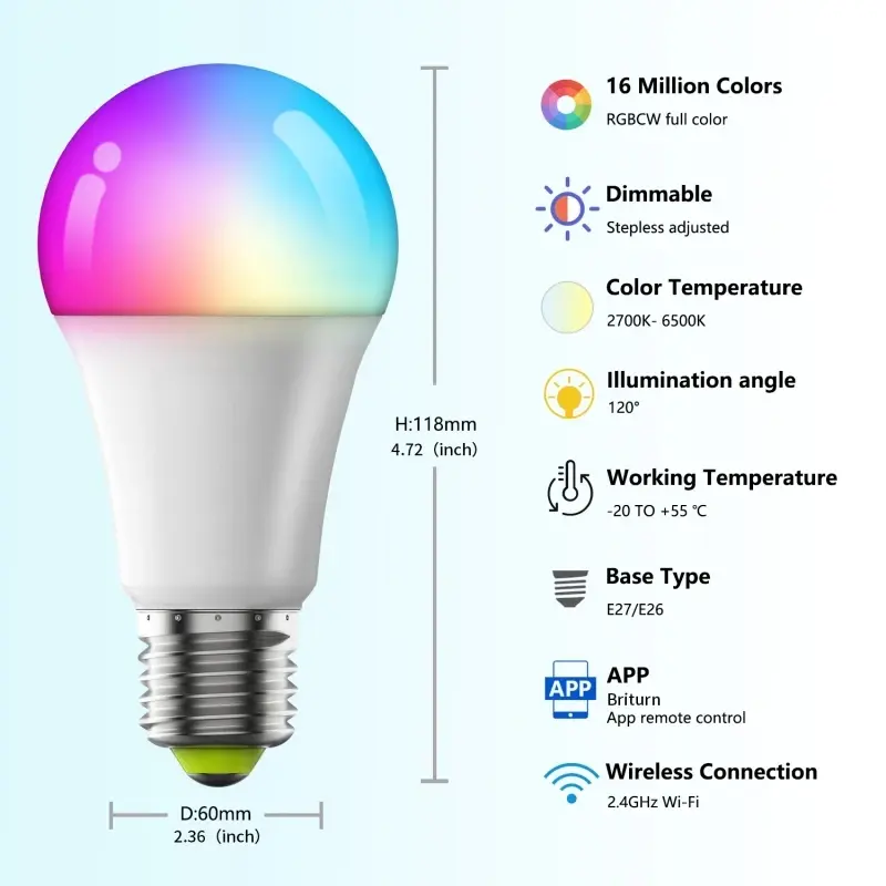 Lâmpada LED inteligente RGB - 9W 10W E27 110V 220V(Muda de cor)