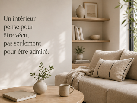 Salon chaleureux aux tons naturels, avec canapé beige et décoration minimaliste