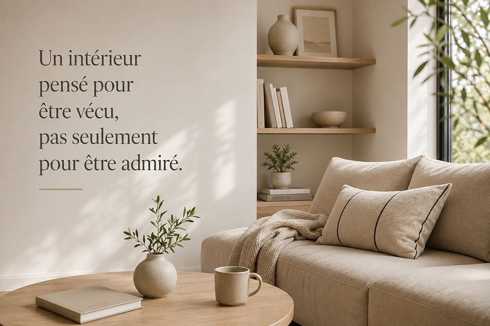 Salon lumineux aux tons naturels avec mobilier chaleureux et rangements intégrés, illustrant un intérieur pensé pour le quotidien