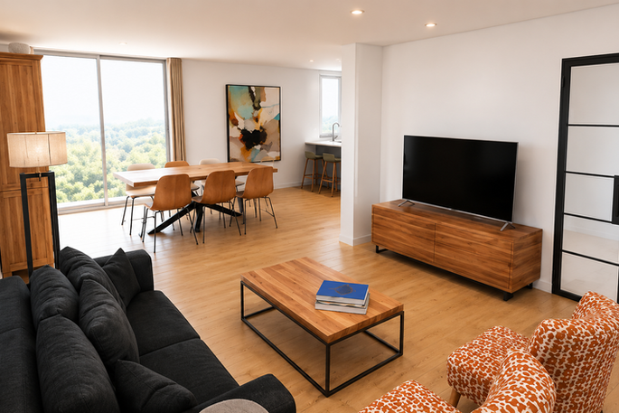 Grande pièce de vie contemporaine avec salon, salle à manger, cuisine ouverte et larges baies vitrées offrant une vue dégagée. salon moderne, espace de vie ouvert, aménagement intérieur contemporain, luminosité naturelle, rénovation d'appartement et optimisation des volumes.