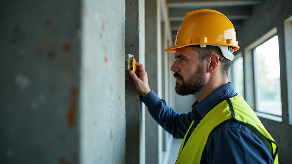 Close-up view of a building surveyor examining structural details inside a building
