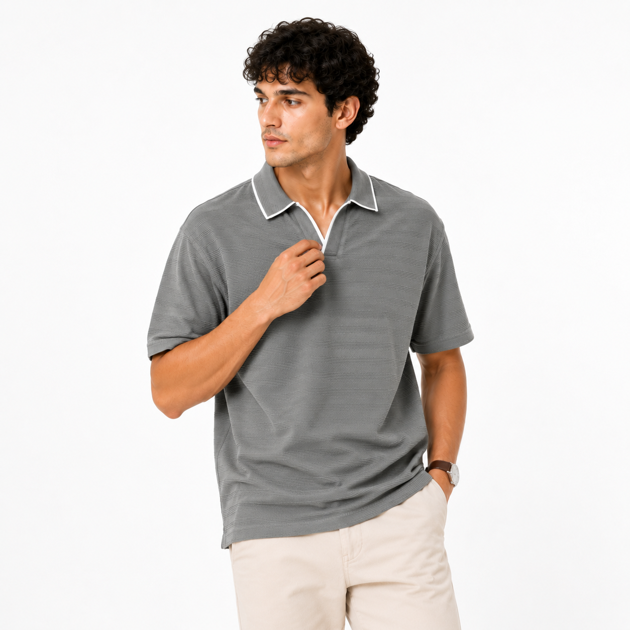 Men Structured Pure Cotton Polo With Stripped Collar Oversized T-shirt