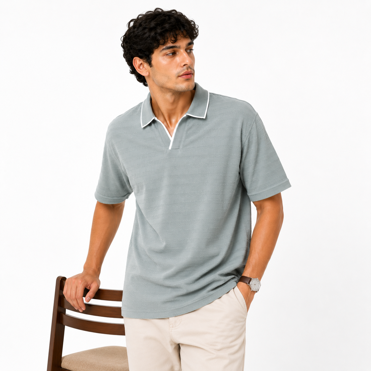Men Structured Pure Cotton Polo With Stripped Collar Oversized T-shirt