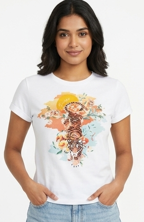 Thumbnail: Women’s Regular Fit 100% Pure Cotton, Round Neck, Half Sleeve Graphic Pr