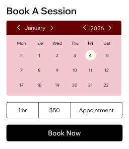 Booking calendar interface showing January 2026 with session options for 1 hour at $50 and a Book Now button