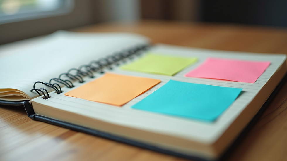 Close-up view of a notebook with colorful sticky notes