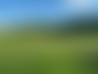 A green farm field with forested hills in the distance.