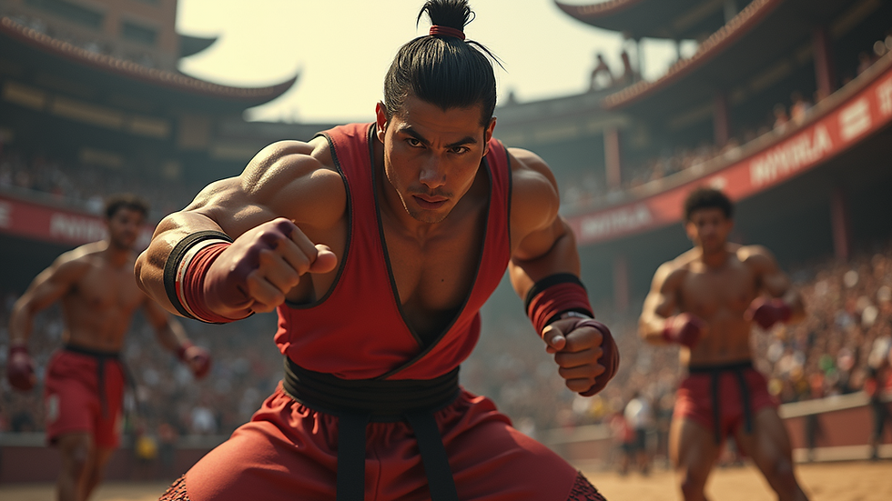 Eye-level view of a classic fighting game character ready for battle
