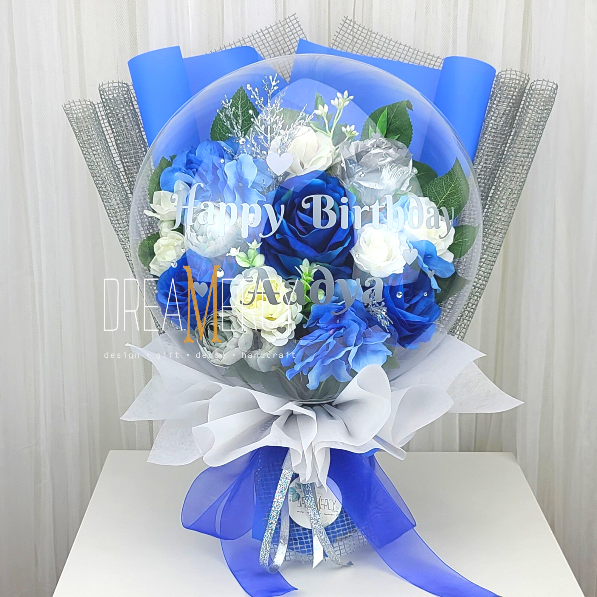 Blue/Silver Flower and Gray Mesh+Blue+Gray Wrapper