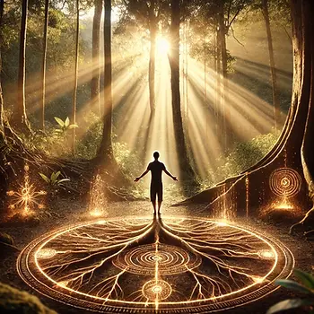 A man standing in a golden forest with roots and a cricle at his feet