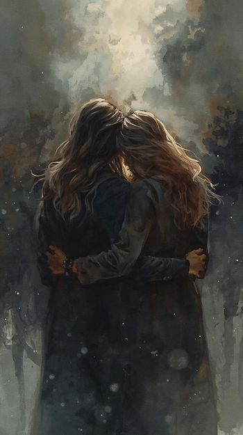 Two people with long hair, embracing under a moody, cloudy sky. The scene is dark and atmospheric, conveying warmth and closeness.