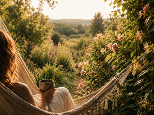 Woman relaxing in a hammock with a cup, surrounded by blooming garden flowers at golden sunset, calm and peaceful