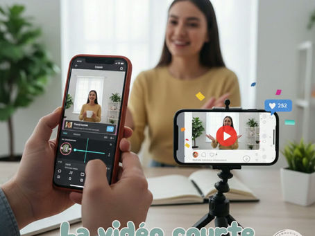 Mise en scène de montage vidéo sur smartphone pour les réseaux sociaux avec le logo Em Communication Digitale et l'inscription La vidéo courte.