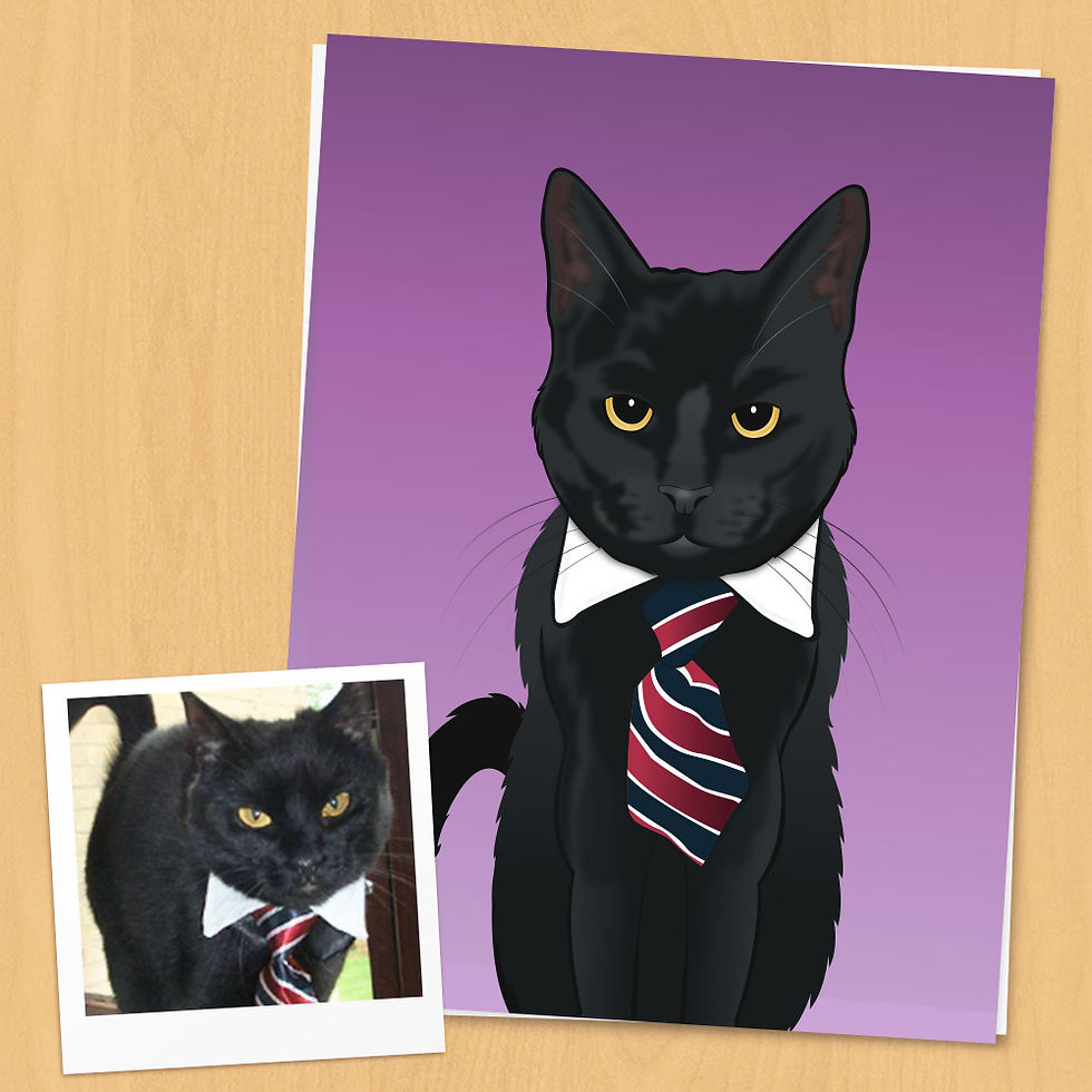 Thumbnail: A custom colour illustration of a black coloured Cat. The Cat is wearing a striped tie and a white shirt collar. There is a polaroid photo of the real-life Cat featured in front of the portrait.