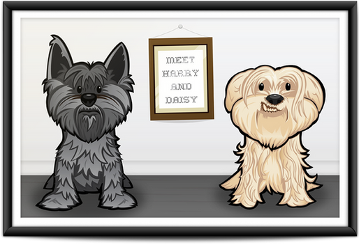 Illustration of two small dogs, a grey Cairn Terrier called Harry, and Cream coloured Shit-zu/Jack Russell cross called Daisy, illustrated in the Sketch Your Pet style