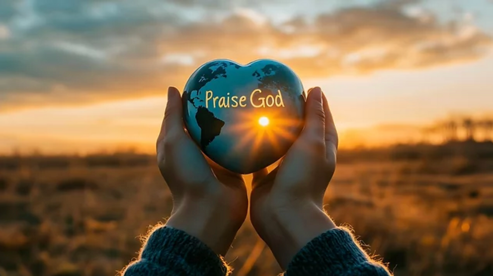 Hands hold a heart-shaped globe reading "Praise God" with a sunset behind, creating a warm, uplifting atmosphere.