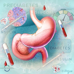 Stomach and pancreas with type 2 diabetes indicators, including insulin, glucose, and pancreatic islet cells