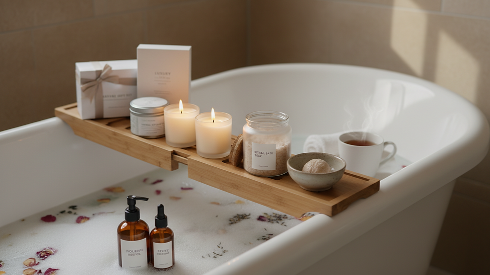 Close-up view of a bathtub with candles and bath soak