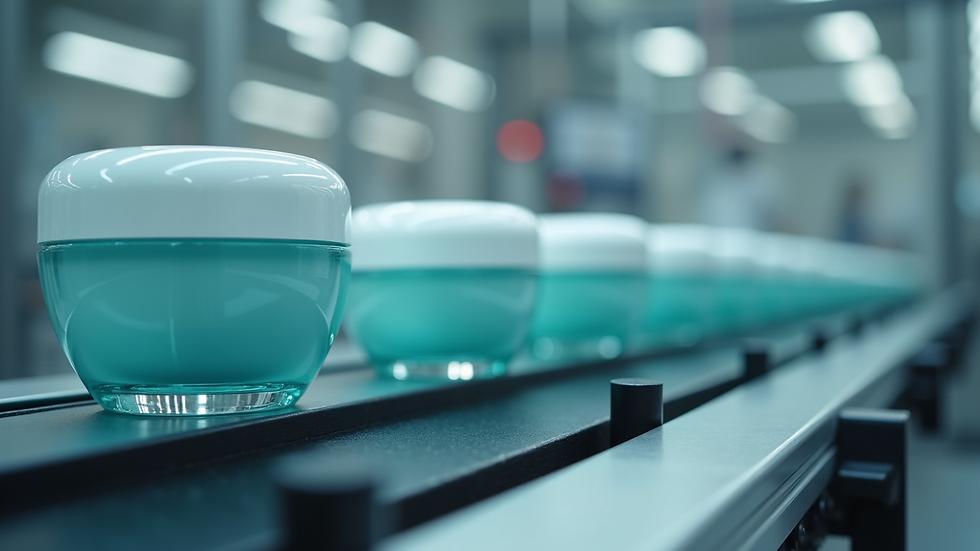 Close-up view of cosmetic cream jars on a production line